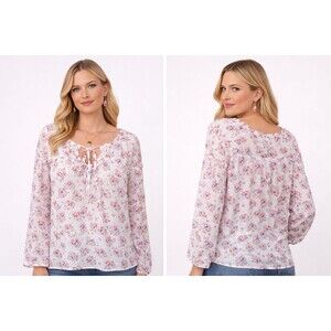 Gossip Girl Romeo & Juliet Blouse Large Pink Purple Floral Tie Neck Y2K